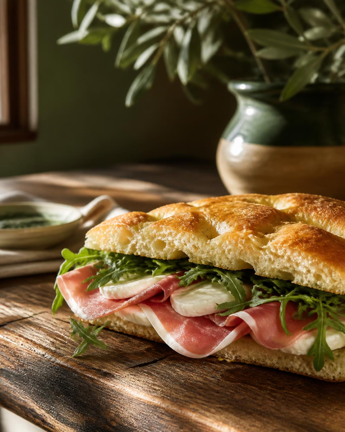 A fresh Italian focaccia sandwich on a rustic wooden counter